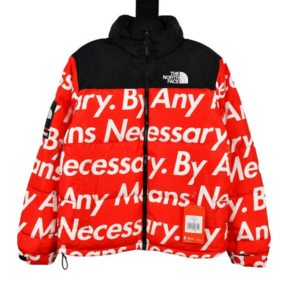 Red jacket with white text and black hood, featuring The North Face logo.