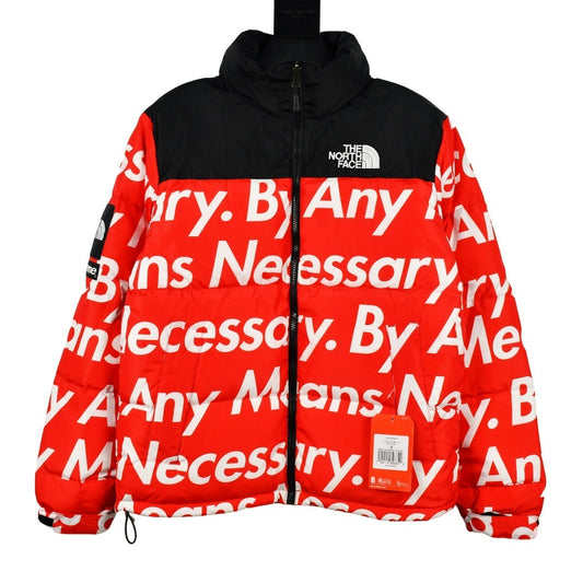Red jacket with white text and black hood, featuring The North Face logo.