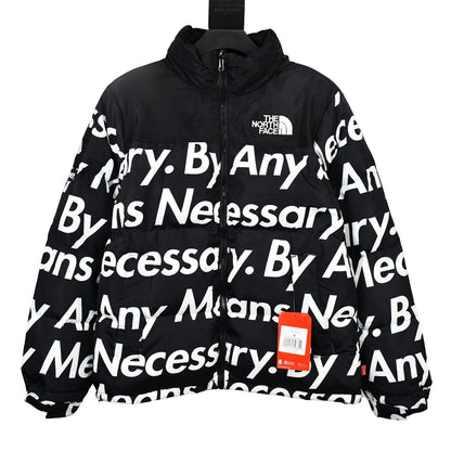 Black jacket with white text and The North Face logo, featuring a red tag.