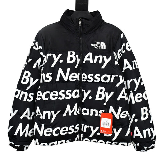 Black jacket with white text and The North Face logo, featuring a red tag.
