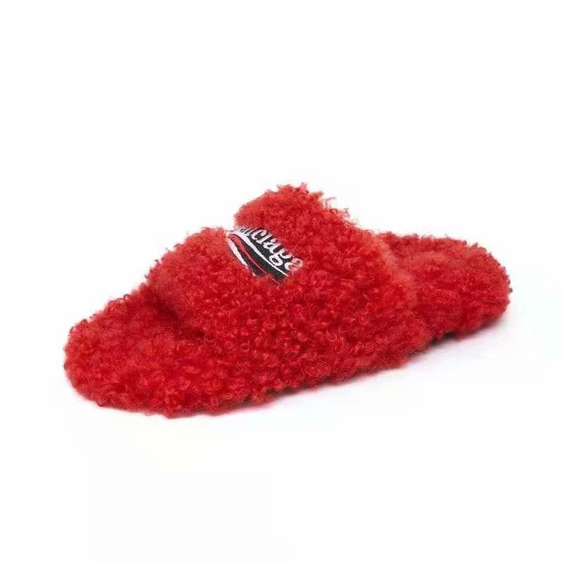 Balenciaga | Slide Sandal | Furry Synthetic fur, white and red political campaign artwork embroideries | Multi Color Choices