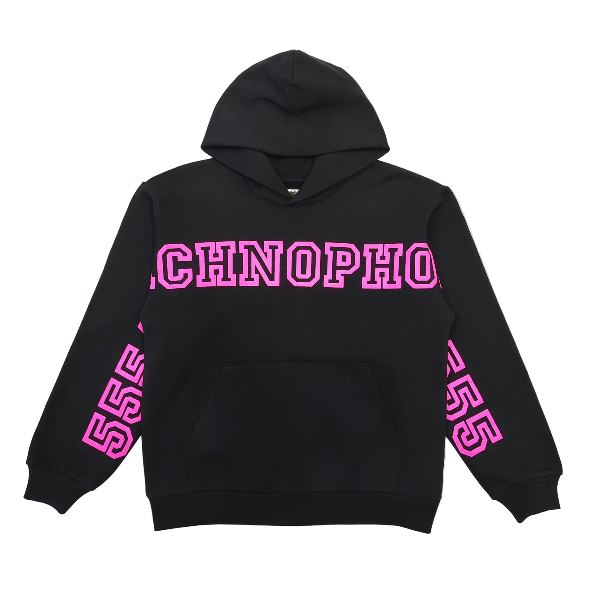 Sp5der Pink Black Arachnophobia Hoodie sleeve graphic detail
