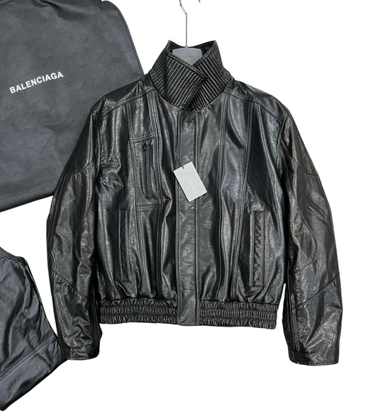 Balenciaga | Black Leather Bomber Jacket