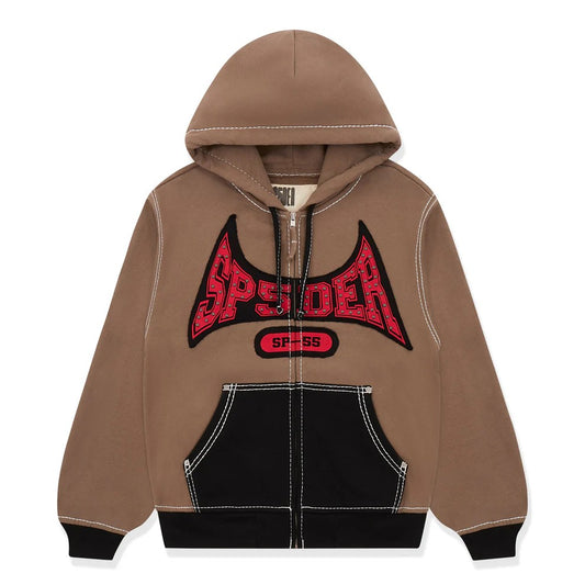 Brown hoodie with red and black logo on a white background